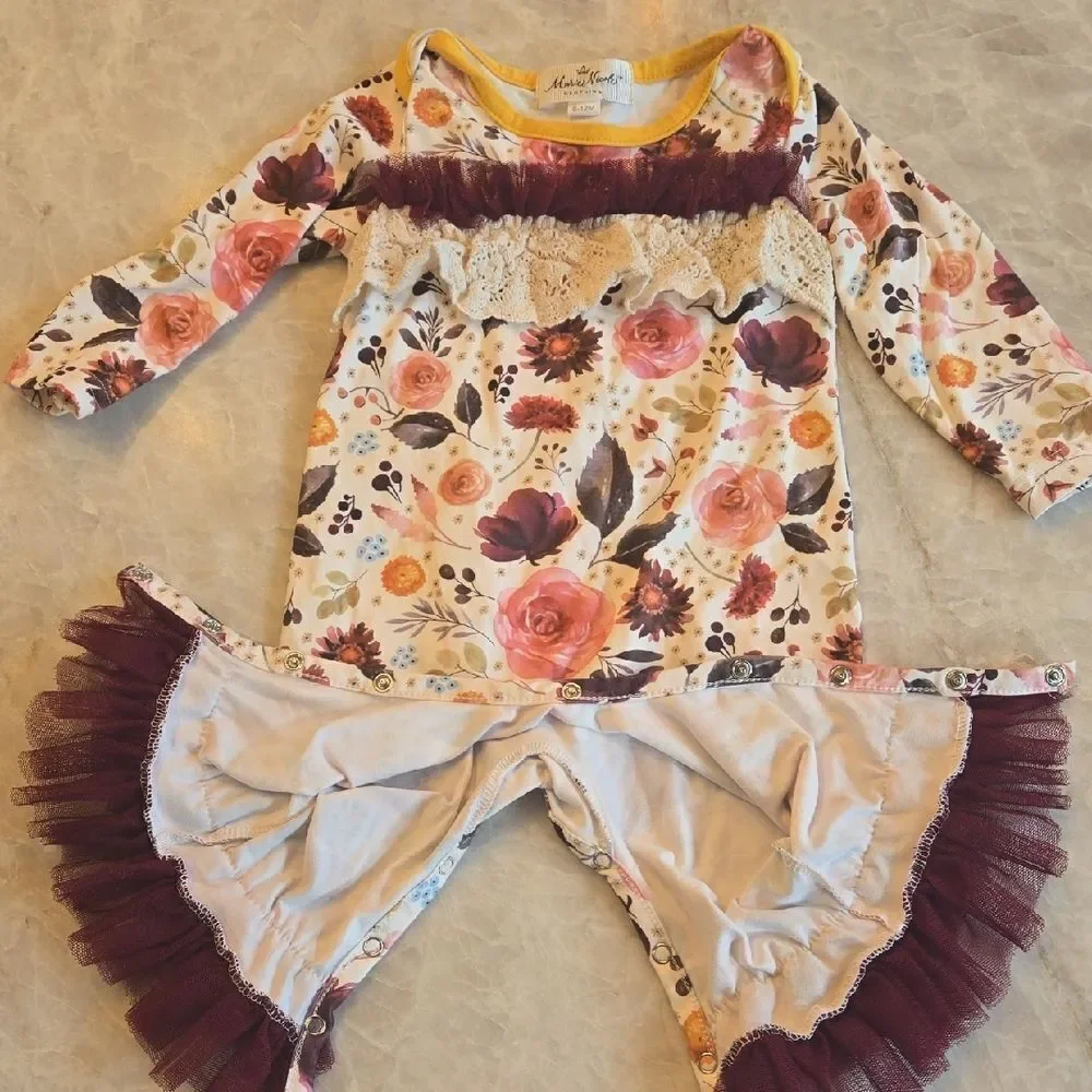 MARIE NICOLE Floral Long Sleeve Baby Romper with Ruffle Details